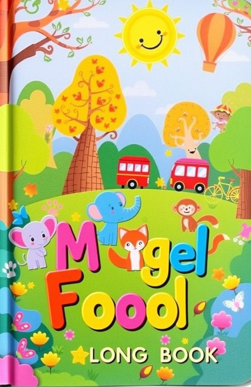 A vibrant and colorful children's book cover featuring a magical forest filled with cute and playful animals such as a happy elephant, a curious fox, and a cheeky monkey