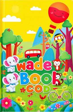 A vibrant and colorful children's book cover featuring a magical forest filled with cute and playful animals such as a happy elephant, a curious fox, and a cheeky monkey