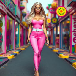 Full length portrait of a stunning 29 year old woman styled as a real life human Barbie doll, featuring a thin face with large round soft breasts, a soft round belly, ultra wide soft fat round hips, large round thighs, and thick round legs