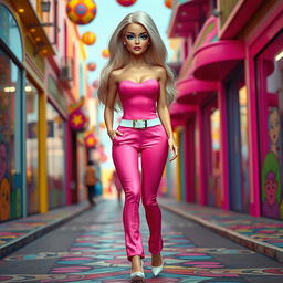 Full length portrait of a stunning woman styled as a real life human Barbie doll, featuring a thin face with large round soft breasts, a soft round belly, ultra wide soft fat round hips, large round thighs, and thick round legs