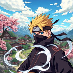 A highly detailed illustration of a ninja village, inspired by the world of Naruto, featuring iconic elements like hidden village buildings, cherry blossom trees, and a serene landscape with mountains in the background