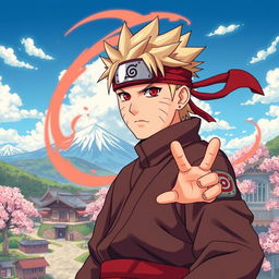 A highly detailed illustration of a ninja village, inspired by the world of Naruto, featuring iconic elements like hidden village buildings, cherry blossom trees, and a serene landscape with mountains in the background