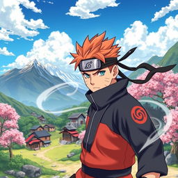 A highly detailed illustration of a ninja village, inspired by the world of Naruto, featuring iconic elements like hidden village buildings, cherry blossom trees, and a serene landscape with mountains in the background