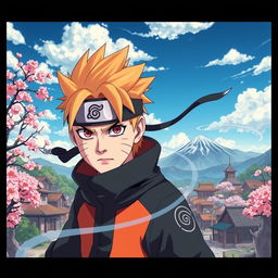 A highly detailed illustration of a ninja village, inspired by the world of Naruto, featuring iconic elements like hidden village buildings, cherry blossom trees, and a serene landscape with mountains in the background