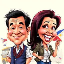 A humorous caricature of BongBong Marcos, the President of the Philippines, and Sara Duterte, the Vice President, depicted in an exaggerated and playful style