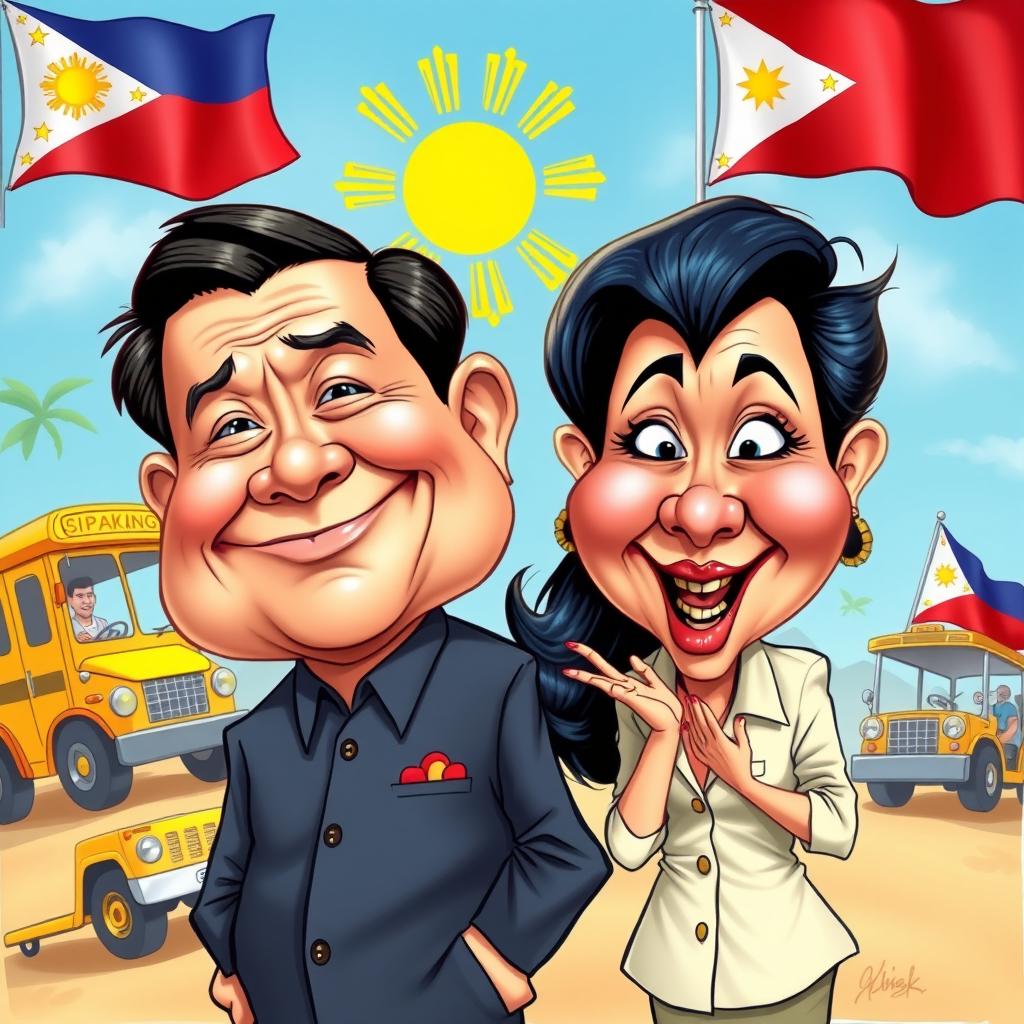 A humorous caricature of BongBong Marcos, the President of the Philippines, and Sara Duterte, the Vice President, depicted in an exaggerated and playful style