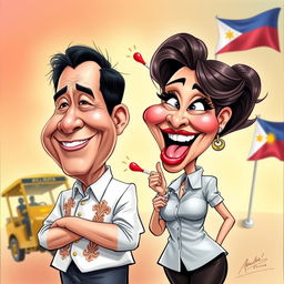 A humorous caricature of BongBong Marcos, the President of the Philippines, and Sara Duterte, the Vice President, depicted in an exaggerated and playful style