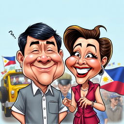 A humorous caricature of BongBong Marcos, the President of the Philippines, and Sara Duterte, the Vice President, depicted in an exaggerated and playful style