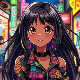 A strikingly beautiful black anime girl with long, flowing black hair adorned with colorful highlights, large expressive brown eyes, and a radiant smile