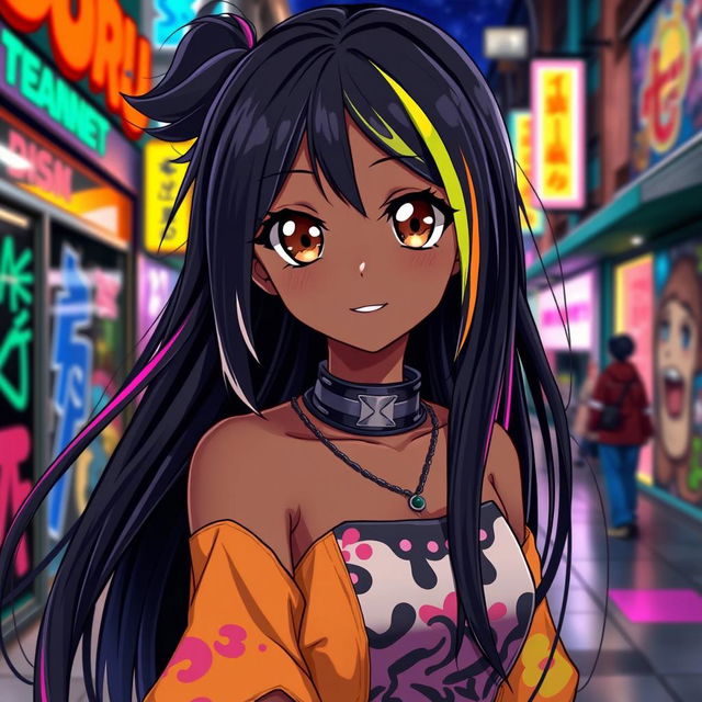 A strikingly beautiful black anime girl with long, flowing black hair adorned with colorful highlights, large expressive brown eyes, and a radiant smile