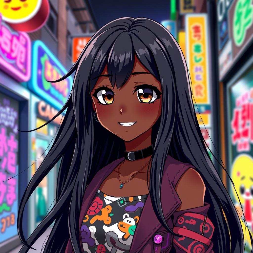 A strikingly beautiful black anime girl with long, flowing black hair adorned with colorful highlights, large expressive brown eyes, and a radiant smile