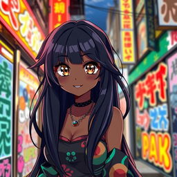 A strikingly beautiful black anime girl with long, flowing black hair adorned with colorful highlights, large expressive brown eyes, and a radiant smile