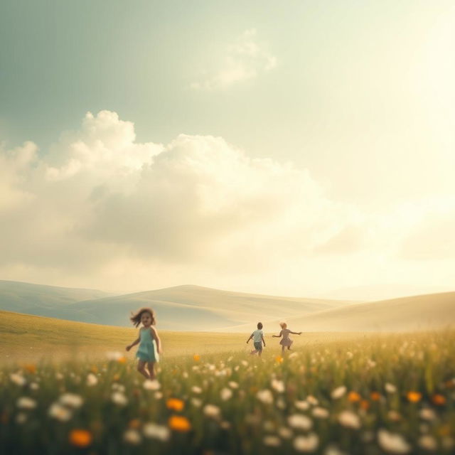 An ethereal landscape that captures the essence of childhood innocence and nostalgia, featuring abstract swirls of muted colors and soft shapes that create a dream-like atmosphere