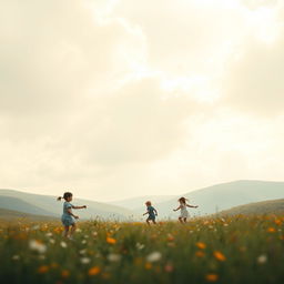 An ethereal landscape that captures the essence of childhood innocence and nostalgia, featuring abstract swirls of muted colors and soft shapes that create a dream-like atmosphere