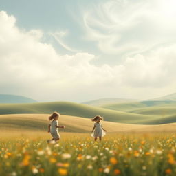 An ethereal landscape that captures the essence of childhood innocence and nostalgia, featuring abstract swirls of muted colors and soft shapes that create a dream-like atmosphere