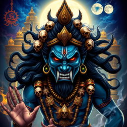 An artistic representation of Bhairav Baba, a fierce form of Lord Shiva, showcasing his iconic features such as a menacing expression, blue skin, wild hair adorned with skulls, and intricate jewelry