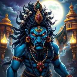 An artistic representation of Bhairav Baba, a fierce form of Lord Shiva, showcasing his iconic features such as a menacing expression, blue skin, wild hair adorned with skulls, and intricate jewelry