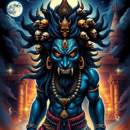 An artistic representation of Bhairav Baba, a fierce form of Lord Shiva, showcasing his iconic features such as a menacing expression, blue skin, wild hair adorned with skulls, and intricate jewelry