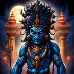 An artistic representation of Bhairav Baba, a fierce form of Lord Shiva, showcasing his iconic features such as a menacing expression, blue skin, wild hair adorned with skulls, and intricate jewelry