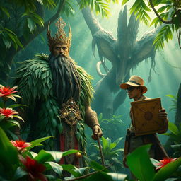 A mythical jungle scene featuring a powerful forest king surrounded by lush greenery and vibrant flora, showcasing intricate details of the jungle environment