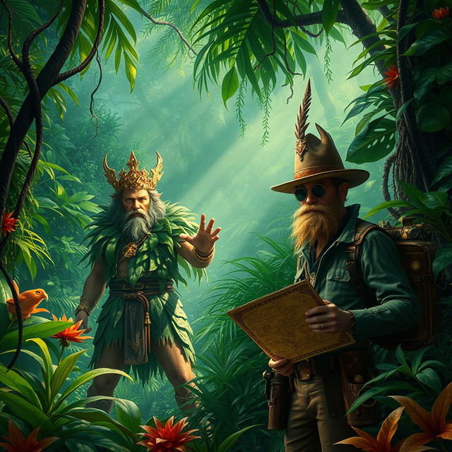 A mythical jungle scene featuring a powerful forest king surrounded by lush greenery and vibrant flora, showcasing intricate details of the jungle environment