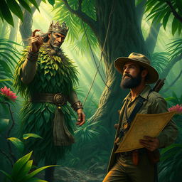 A mythical jungle scene featuring a powerful forest king surrounded by lush greenery and vibrant flora, showcasing intricate details of the jungle environment