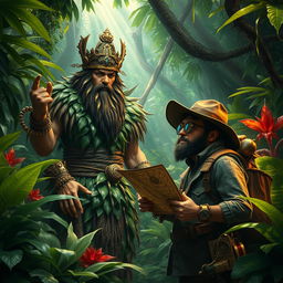 A mythical jungle scene featuring a powerful forest king surrounded by lush greenery and vibrant flora, showcasing intricate details of the jungle environment