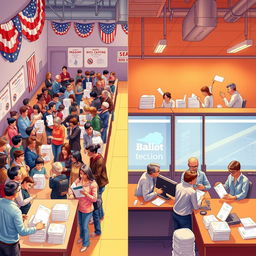 A detailed illustration depicting the journey of a ballot from casting to counting