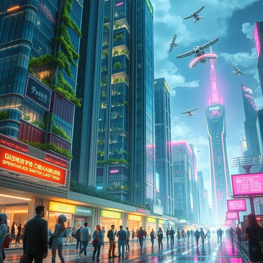 A futuristic cityscape featuring towering skyscrapers with sleek, glass facades, integrated greenery on the buildings, flying vehicles zipping through the sky, and vibrant neon lights illuminating the streets below