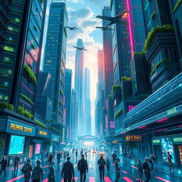 A futuristic cityscape featuring towering skyscrapers with sleek, glass facades, integrated greenery on the buildings, flying vehicles zipping through the sky, and vibrant neon lights illuminating the streets below