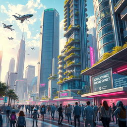 A futuristic cityscape featuring towering skyscrapers with sleek, glass facades, integrated greenery on the buildings, flying vehicles zipping through the sky, and vibrant neon lights illuminating the streets below