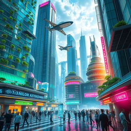 A futuristic cityscape featuring towering skyscrapers with sleek, glass facades, integrated greenery on the buildings, flying vehicles zipping through the sky, and vibrant neon lights illuminating the streets below