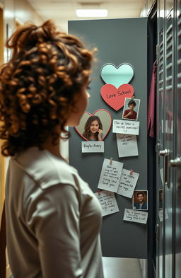 A school hallway in soft focus in the background, featuring a student girl with brown curly hair in the foreground