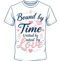 A stylish and modern t-shirt design featuring the phrase 'Bound by Time, United by Love' in an elegant script font