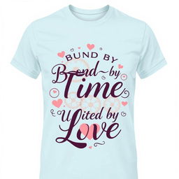 A stylish and modern t-shirt design featuring the phrase 'Bound by Time, United by Love' in an elegant script font