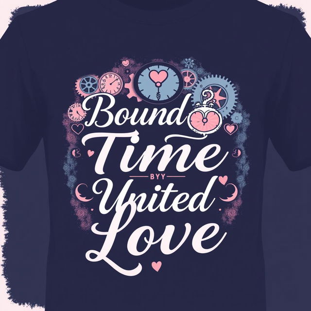 A stylish and modern t-shirt design featuring the phrase 'Bound by Time, United by Love' in an elegant script font