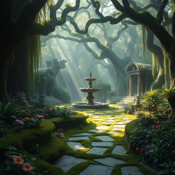 A mystical and forgotten garden, lush with overgrown plants and vibrant flowers, shrouded in a soft, ethereal mist