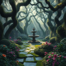 A mystical and forgotten garden, lush with overgrown plants and vibrant flowers, shrouded in a soft, ethereal mist