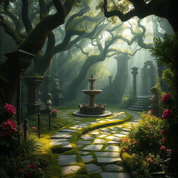 A mystical and forgotten garden, lush with overgrown plants and vibrant flowers, shrouded in a soft, ethereal mist