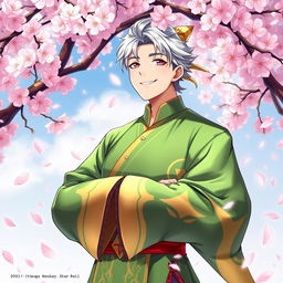 A detailed light novel cover in the art style of Honkai: Star Rail, featuring an adult version of Wukong dressed in vibrant green and gold attire