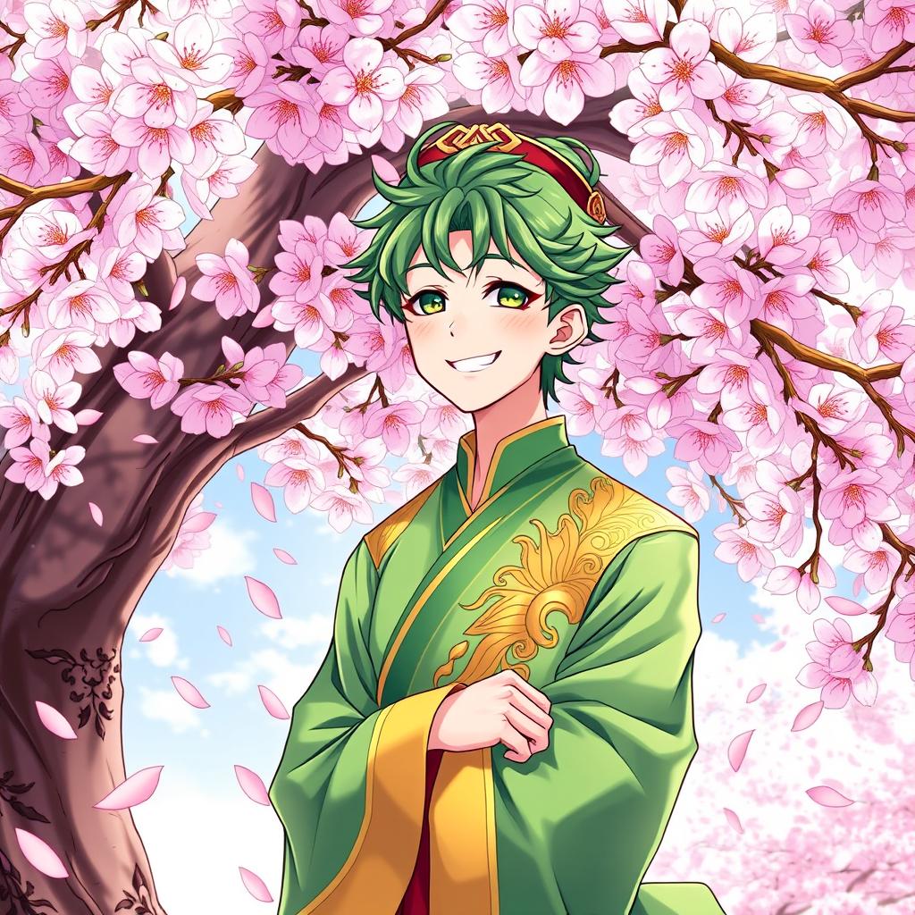 A detailed light novel cover in the art style of Honkai: Star Rail, featuring an adult version of Wukong dressed in vibrant green and gold attire