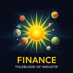 A visually striking poster representing the concept of finance as the lifeblood of industry, illustrated as a solar system