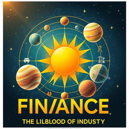 A visually striking poster representing the concept of finance as the lifeblood of industry, illustrated as a solar system