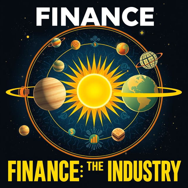 A visually striking poster representing the concept of finance as the lifeblood of industry, illustrated as a solar system