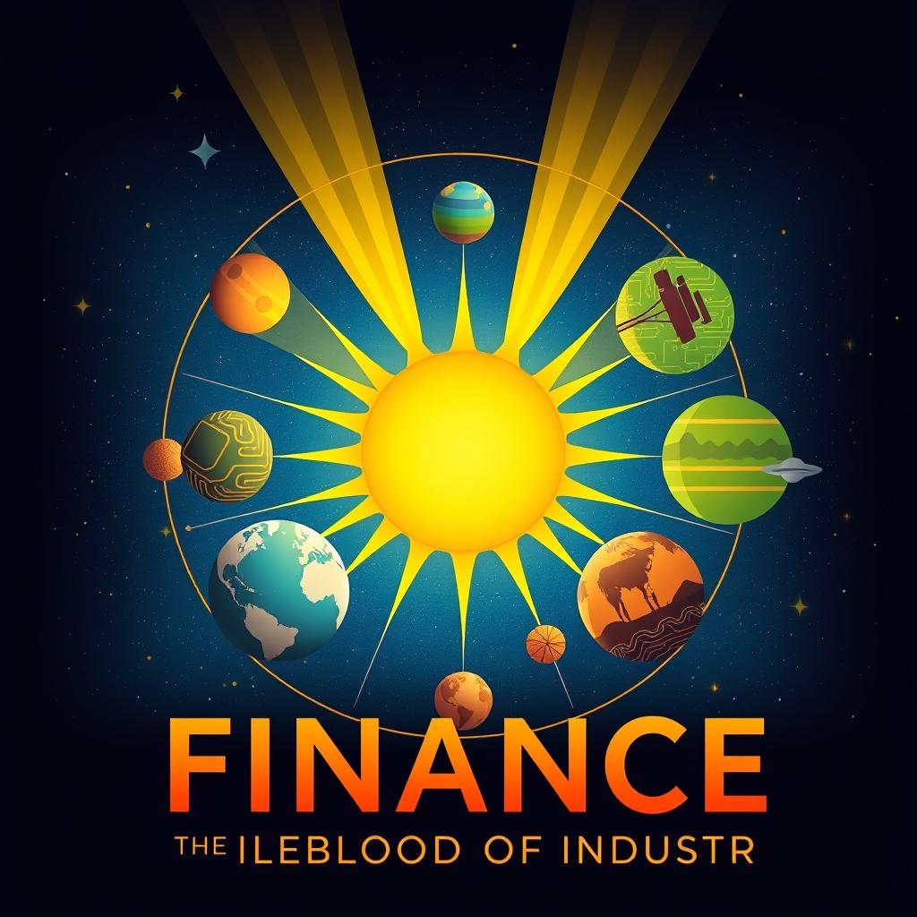 A visually striking poster representing the concept of finance as the lifeblood of industry, illustrated as a solar system