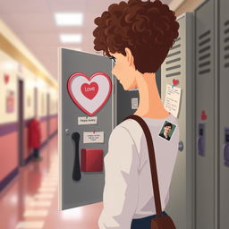 A student girl with brown curly hair is depicted in a bust-up view, standing in front of her open locker in a school hallway