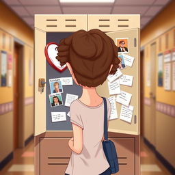A student girl with brown curly hair is depicted in a bust-up view, standing in front of her open locker in a school hallway