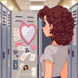 A student girl with brown curly hair is depicted in a bust-up view, standing in front of her open locker in a school hallway
