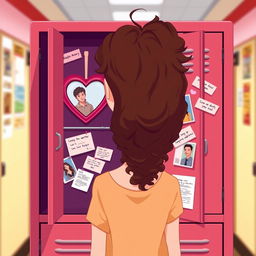 A student girl with brown curly hair is depicted in a bust-up view, standing in front of her open locker in a school hallway