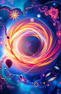 A mesmerizing representation of the 'loop of the universe', featuring vibrant cosmic elements like swirling galaxies, bright stars, and colorful nebulae